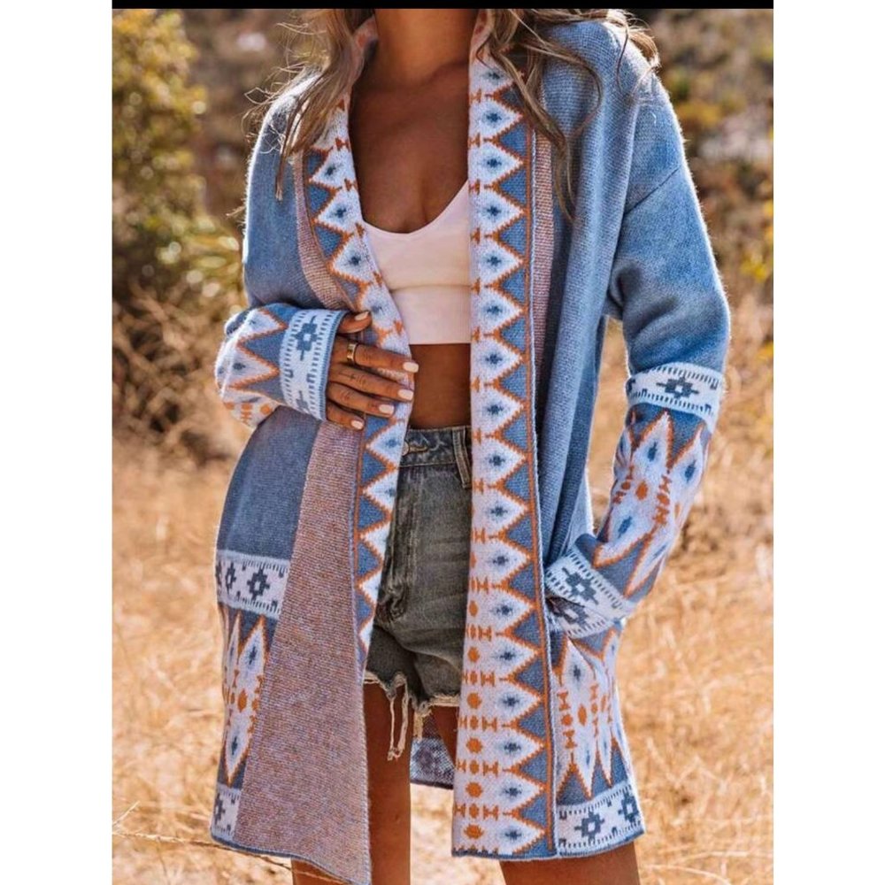 New Geo Pattern Drop Shoulder Open Front Cardigan… - image 1